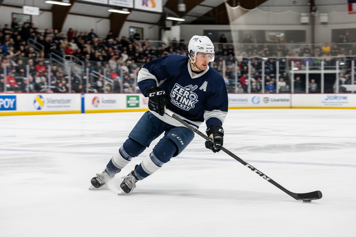 ice hockey player skating on ice rink wearing a jersey that is the Zero Stink Hockey logo